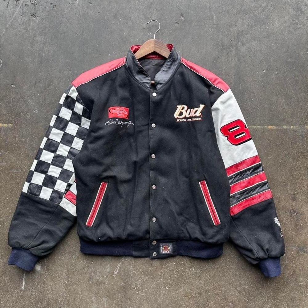 Vintage Budweiser Checkered Varsity Style  NASCAR Jacket Reversible Size XL